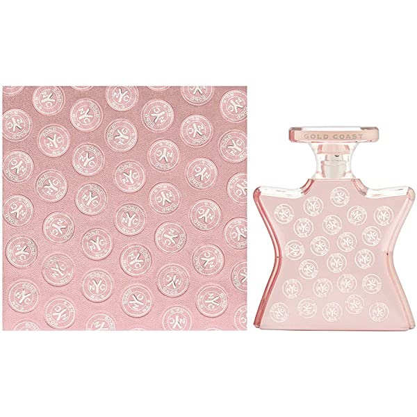 Pink Eau de Parfum bottle with rose-gold top, logo-patterned glass from side view