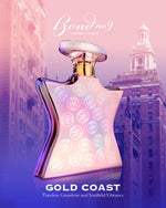 Rose-pink Eau de Parfum bottle with gold 'GOLD COAST' cap and logo-patterned glass