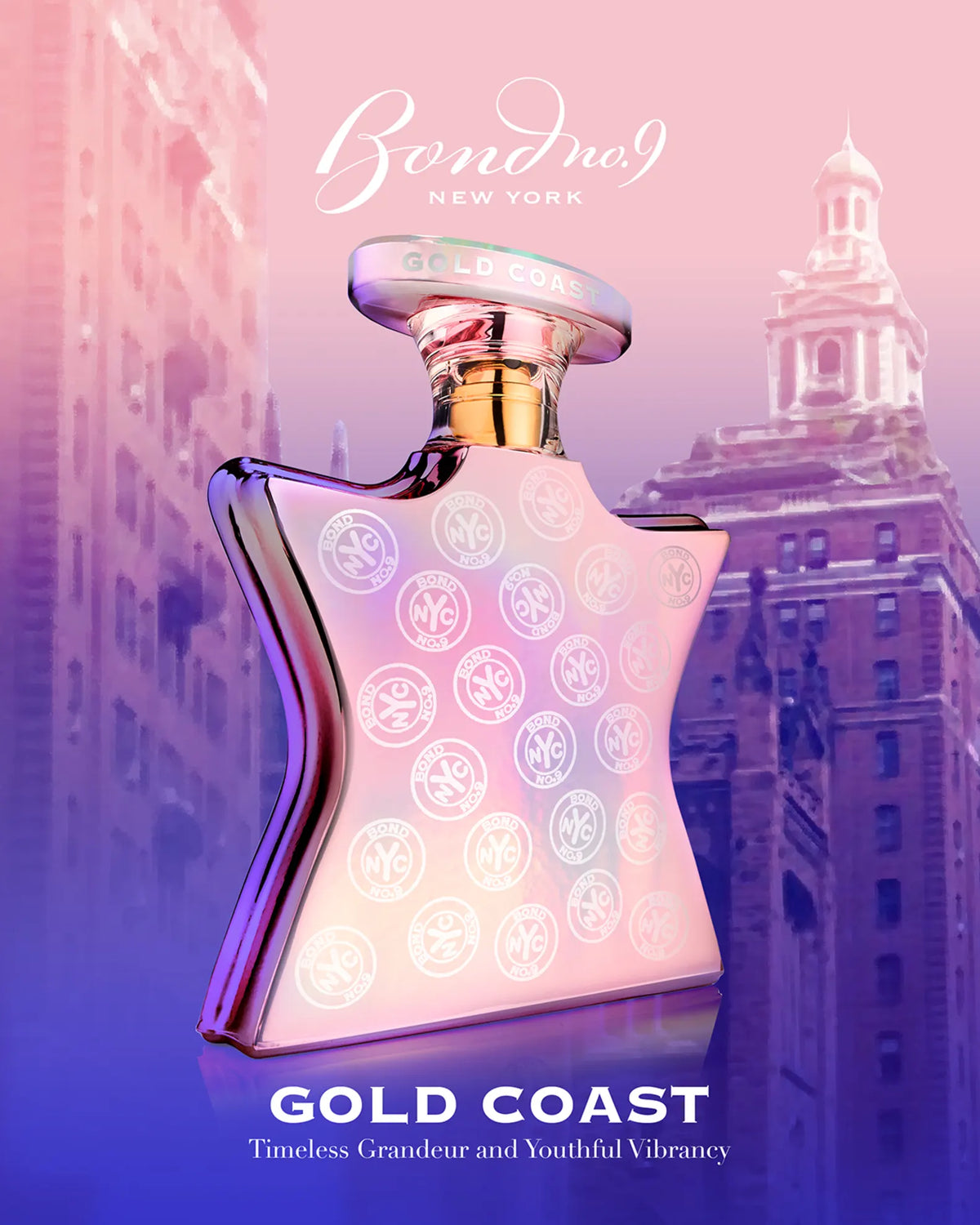 Rose-pink Eau de Parfum bottle with gold 'GOLD COAST' cap and logo-patterned glass