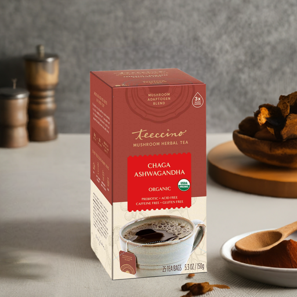 Mushroom herbal tea box with Chaga Ashwagandha organic label and cup graphic on front