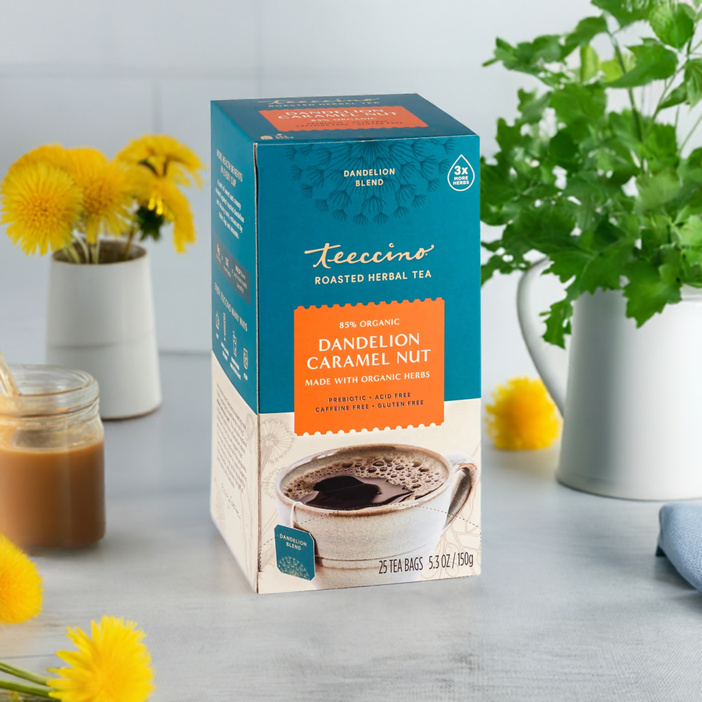 Teecino roasted herbal tea box, 85% organic dandelion caramel nut, 25 tea bags