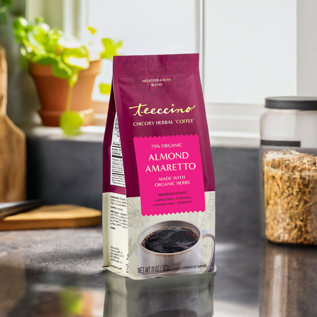 Almond amaretto chicory herbal coffee stand-up pouch, all-purpose grind