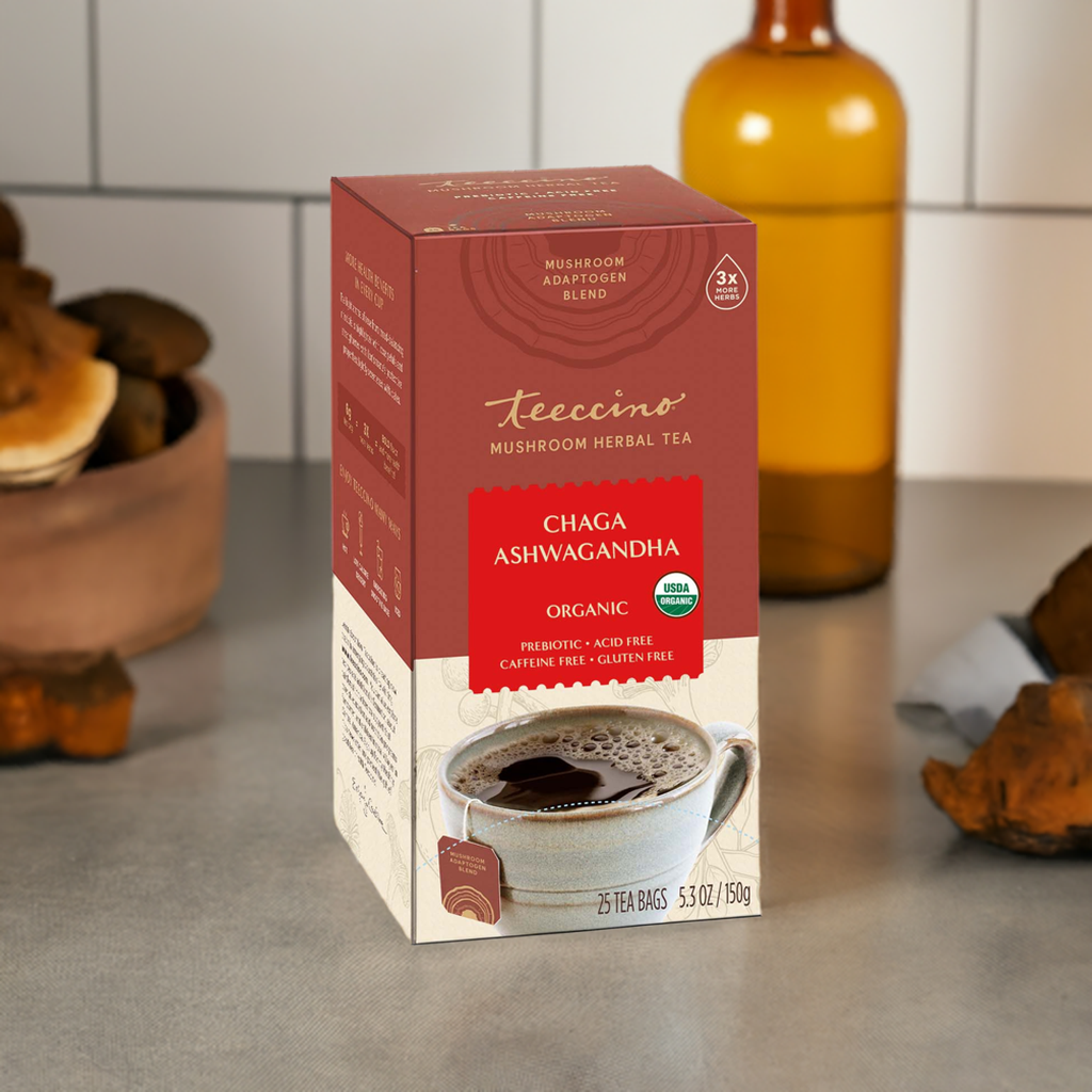 Chaga Ashwagandha mushroom herbal tea box standing with cup photo on front