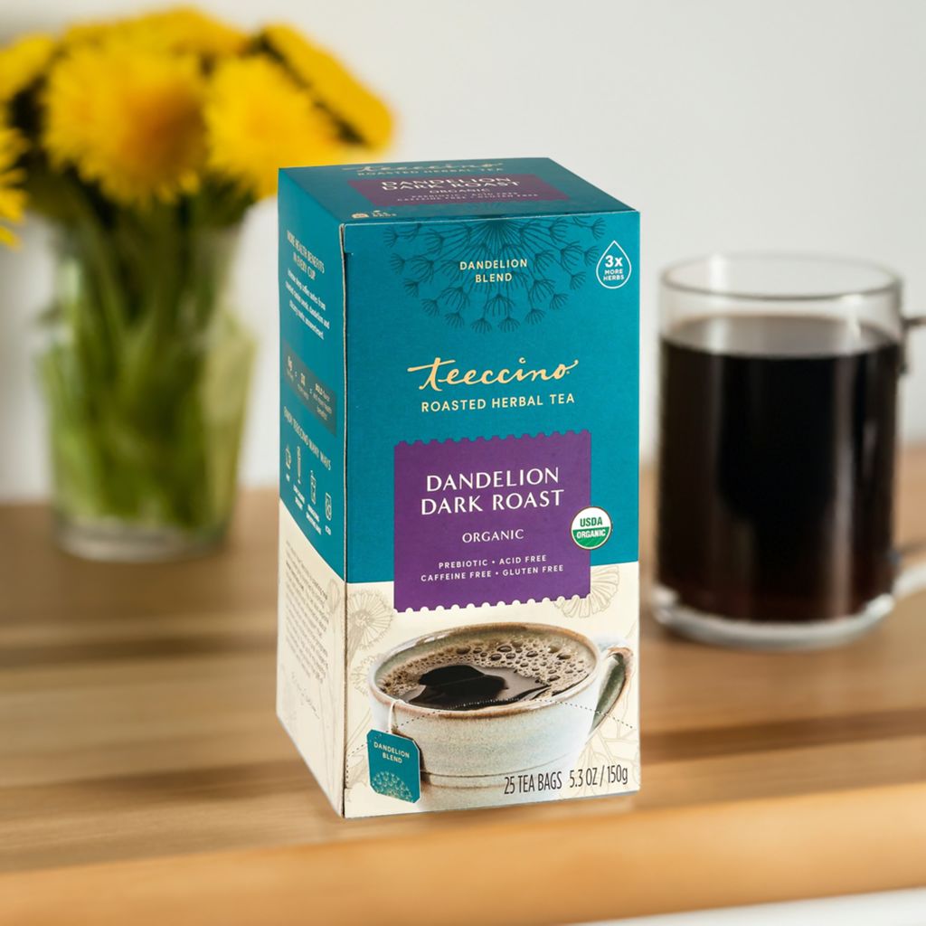 Teecino roasted dandelion dark roast herbal tea box with USDA organic seal
