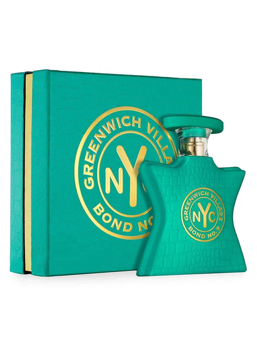 Teal embossed eau de parfum bottle and matching box with gold NYC Greenwich Village logo