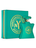 Teal embossed eau de parfum bottle and matching box with gold NYC Greenwich Village logo