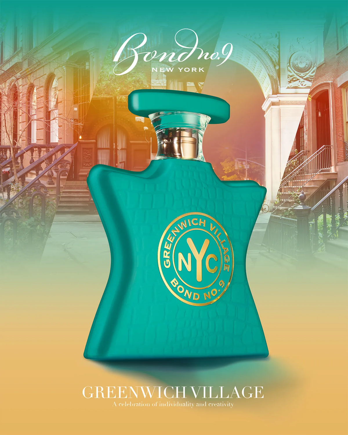Front view teal embossed eau de parfum bottle with gold Greenwich Village NYC logo and green cap