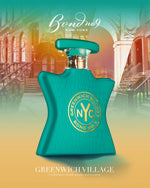 Front view teal embossed eau de parfum bottle with gold Greenwich Village NYC logo and green cap