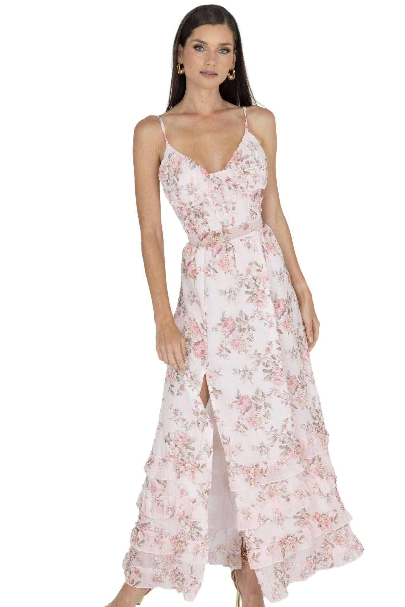 Light pink floral midi dress, spaghetti straps, V-neck, front ruffle hem and slit