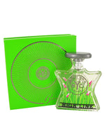 Bond No.9 eau de parfum bottle with green-tinted glass, silver cap, and matching box