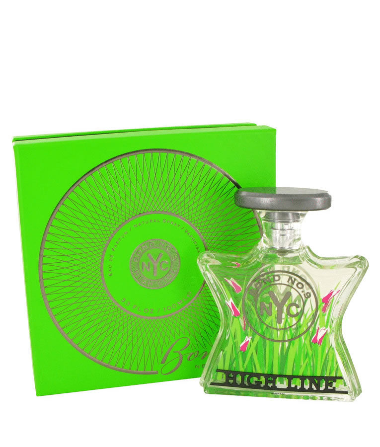 Bond No.9 eau de parfum bottle with green-tinted glass, silver cap, and matching box