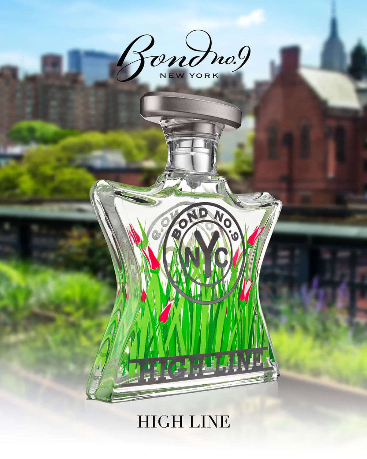 Bond No.9 eau de parfum bottle with green-tinted glass, silver cap, and High Line card