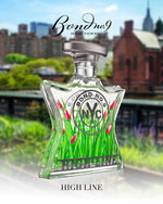Bond No.9 eau de parfum bottle with green-tinted glass, silver cap, and High Line card