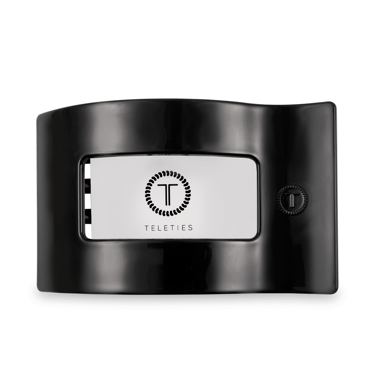 Jet black large flat rectangular hair clip with Telles logo front panel