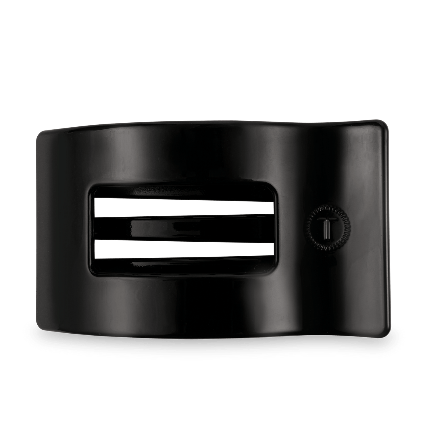 Jet black large flat rectangular hair clip with front bar and metal teeth