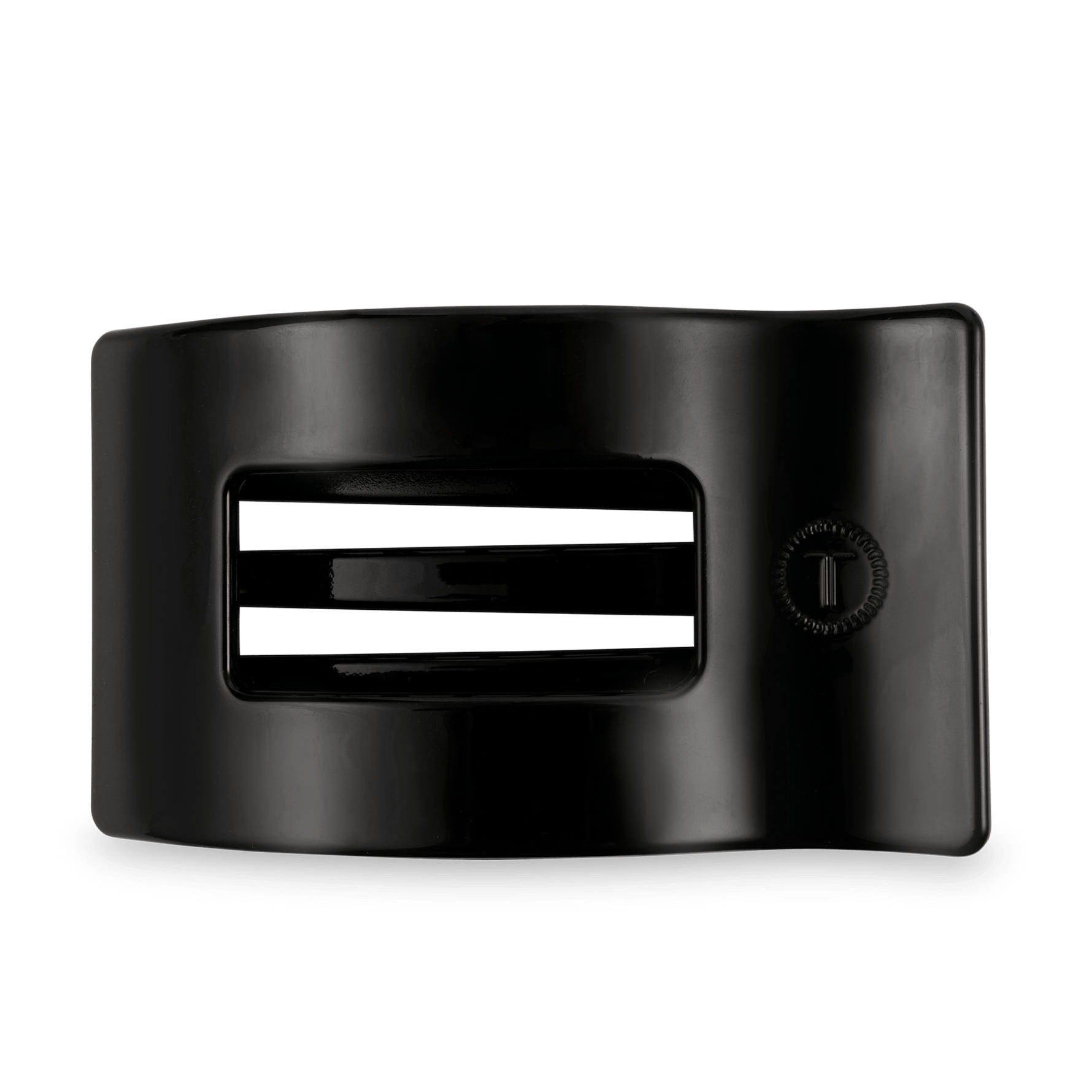 Jet black large flat rectangular hair clip with front bar and metal teeth