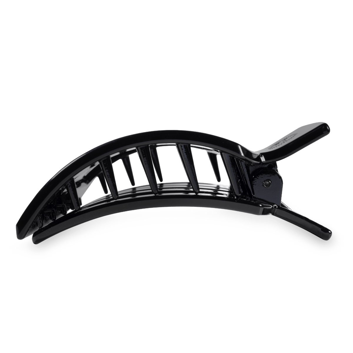 Jet black curved barrette-style hair clip with square teeth