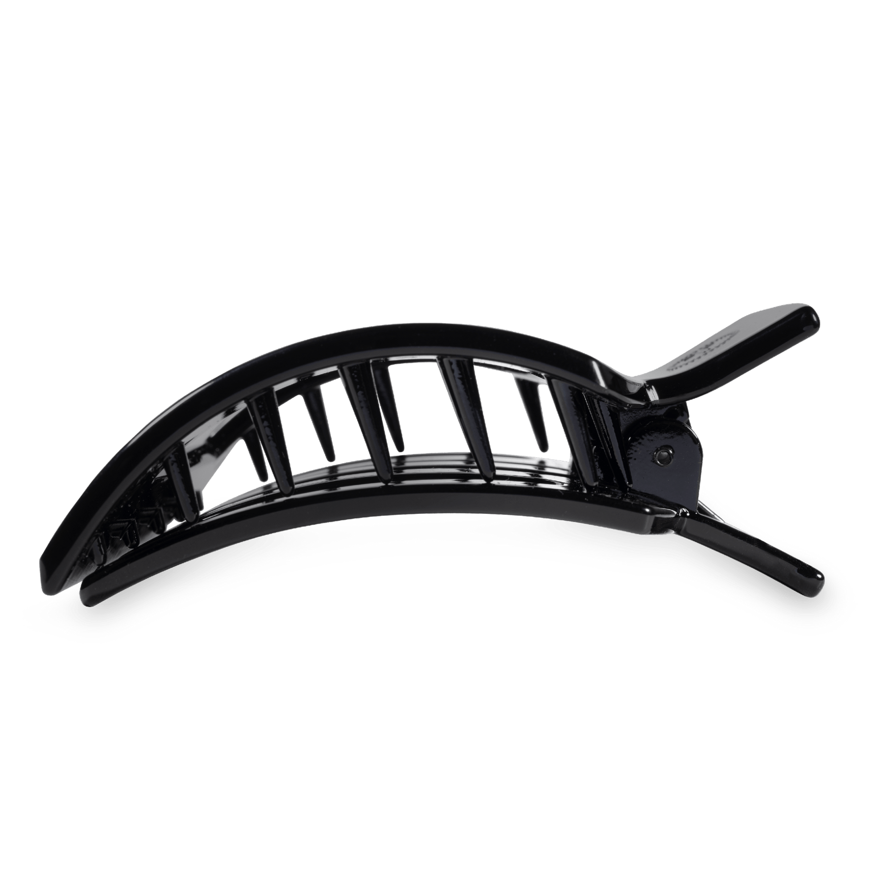 Jet black curved barrette-style hair clip with square teeth
