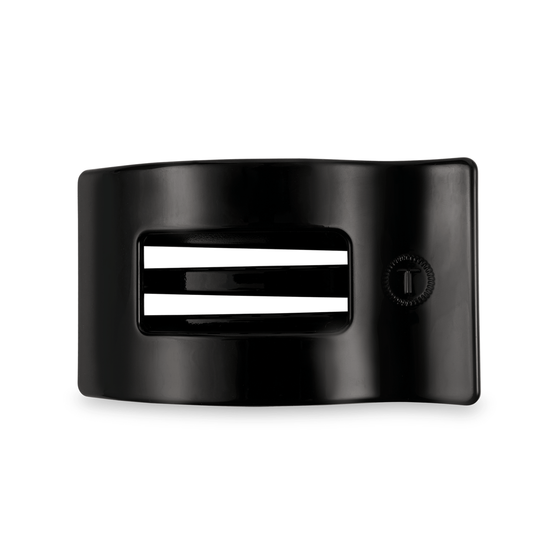 Jet black medium flat rectangle hair clip with central prong detail