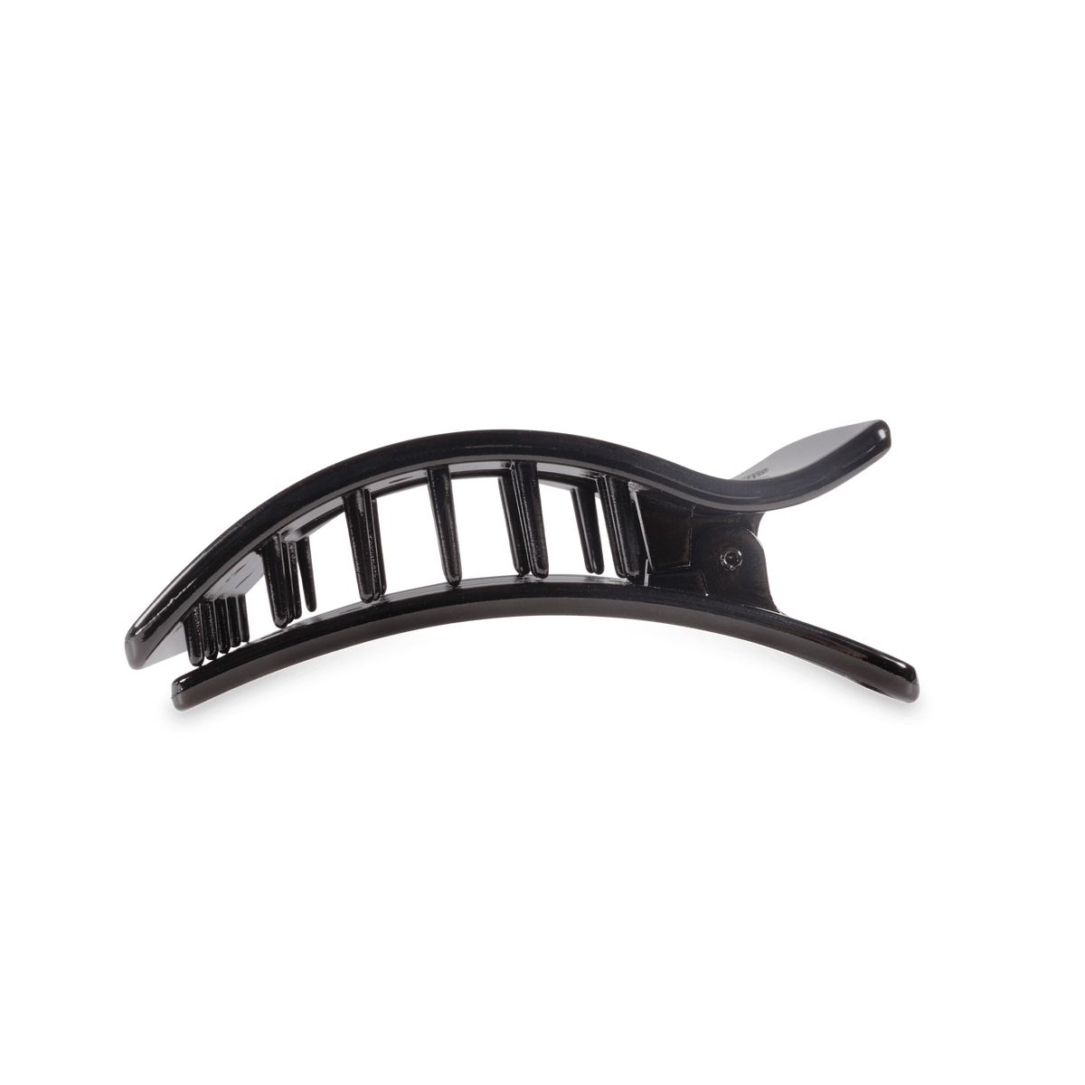 Jet black medium flat rectangle hair clip with open hinge and teeth
