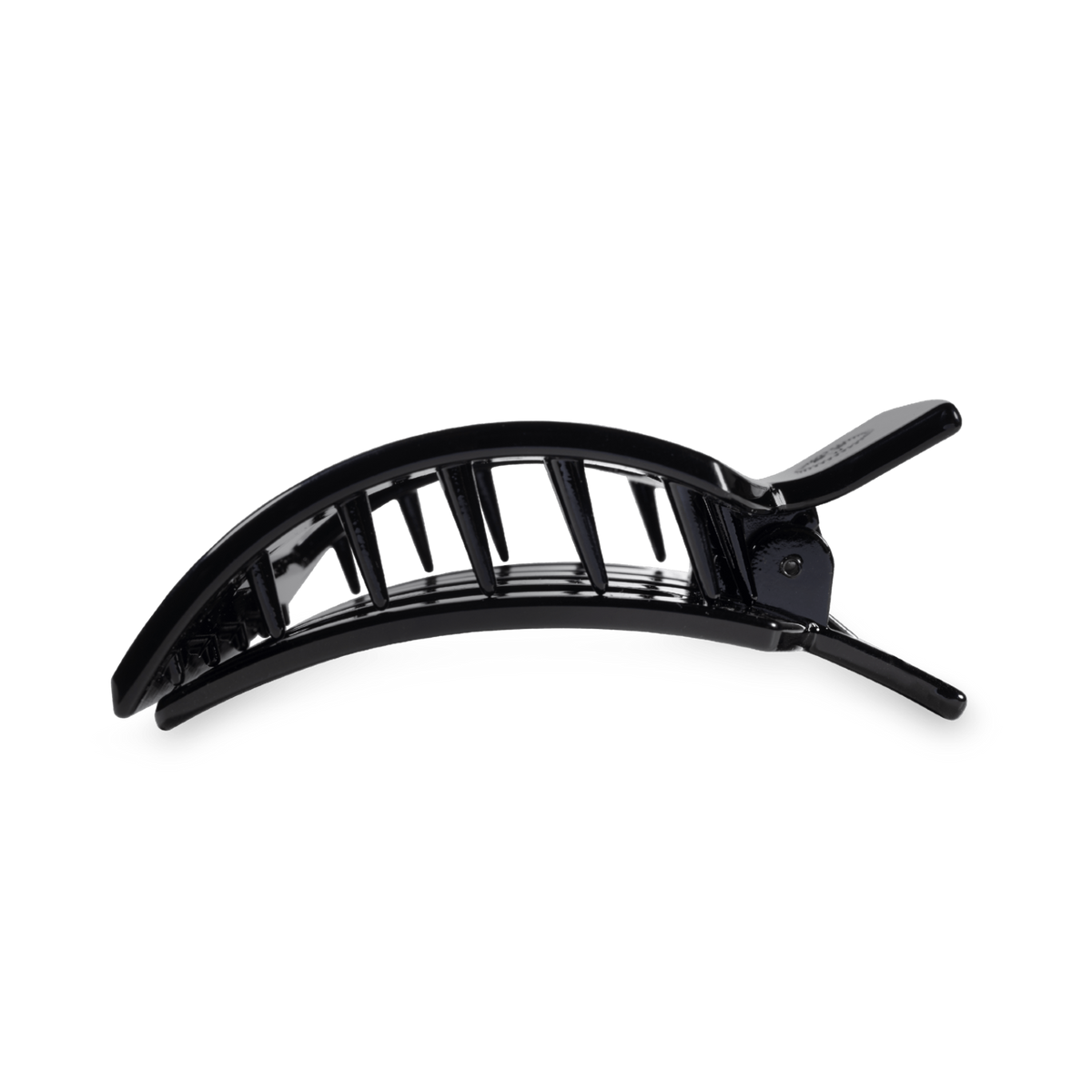 Black arched hair claw clip with comb teeth and hinged arms