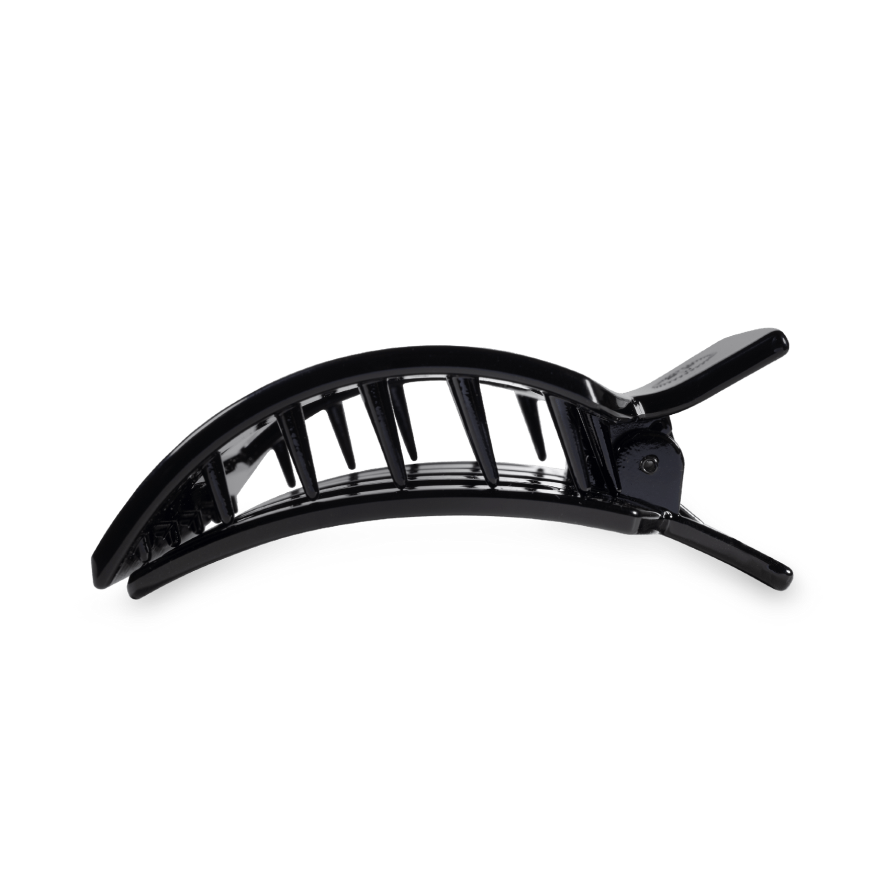 Black arched hair claw clip with comb teeth and hinged arms