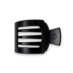 Jet black flat square hair clip with T-style emblem, medium size