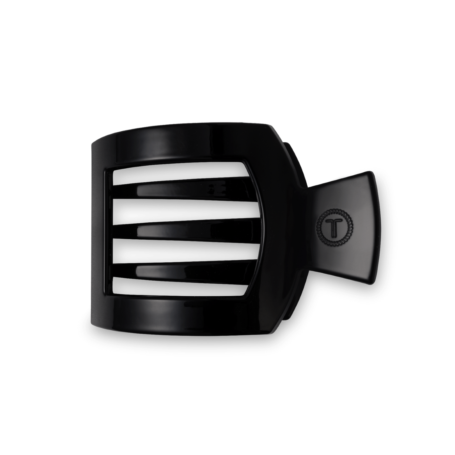 Jet black flat square hair clip with T-style emblem, medium size