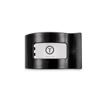Black flat rectangle hair clip with centered logo panel, glossy finish