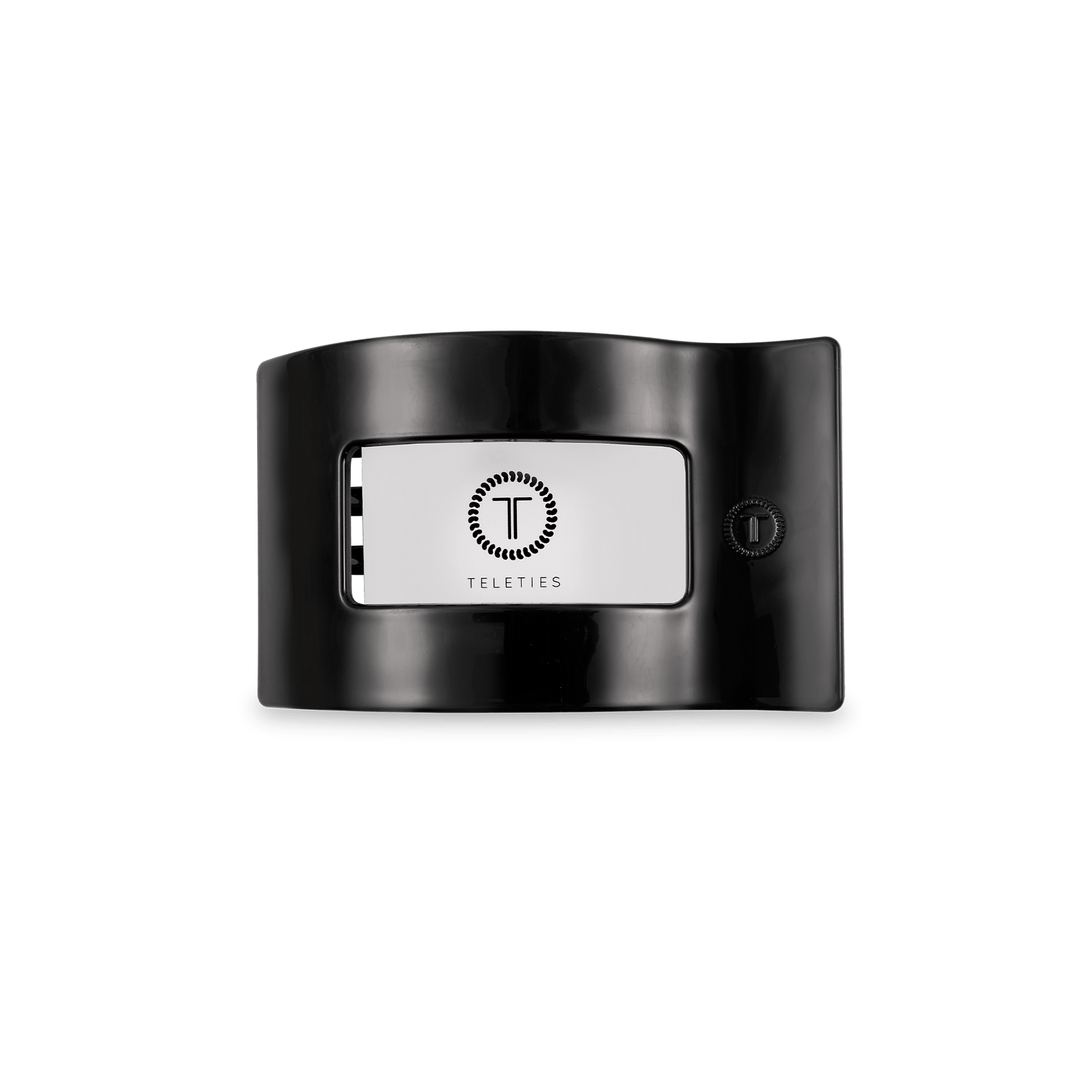 Black flat rectangle hair clip with centered logo panel, glossy finish