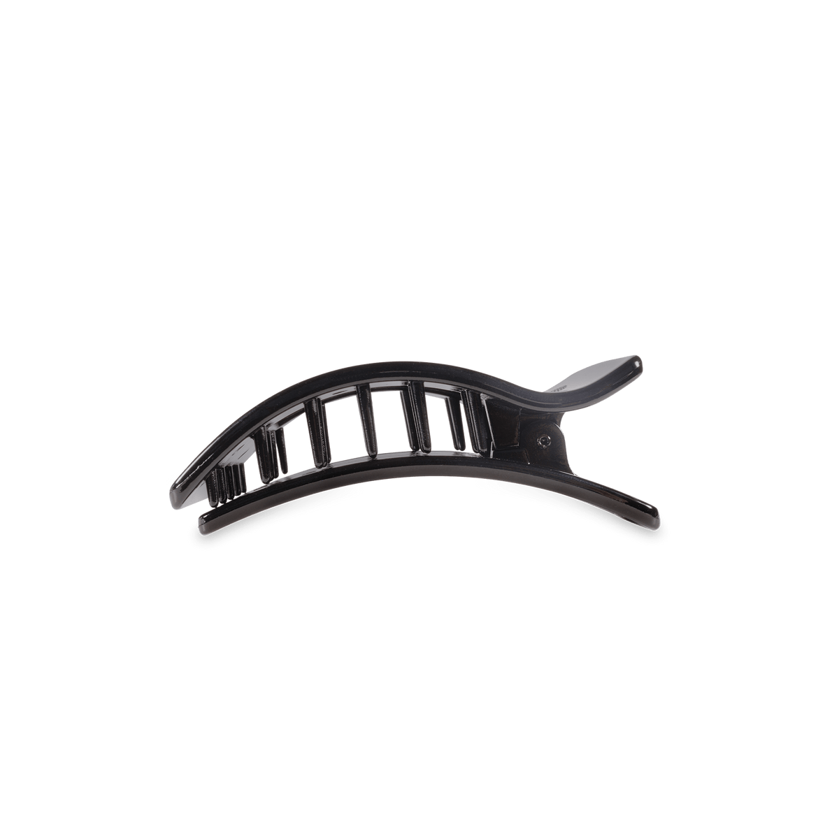 Black hinged flat rectangle hair clip with arched prongs and glossy shell
