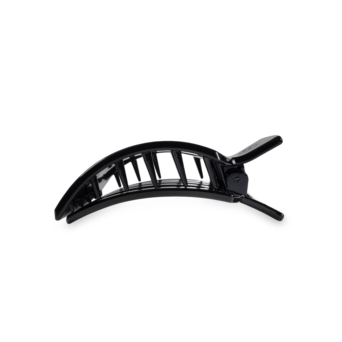 Jet black square flat hair clip with ridged grip and open hinge