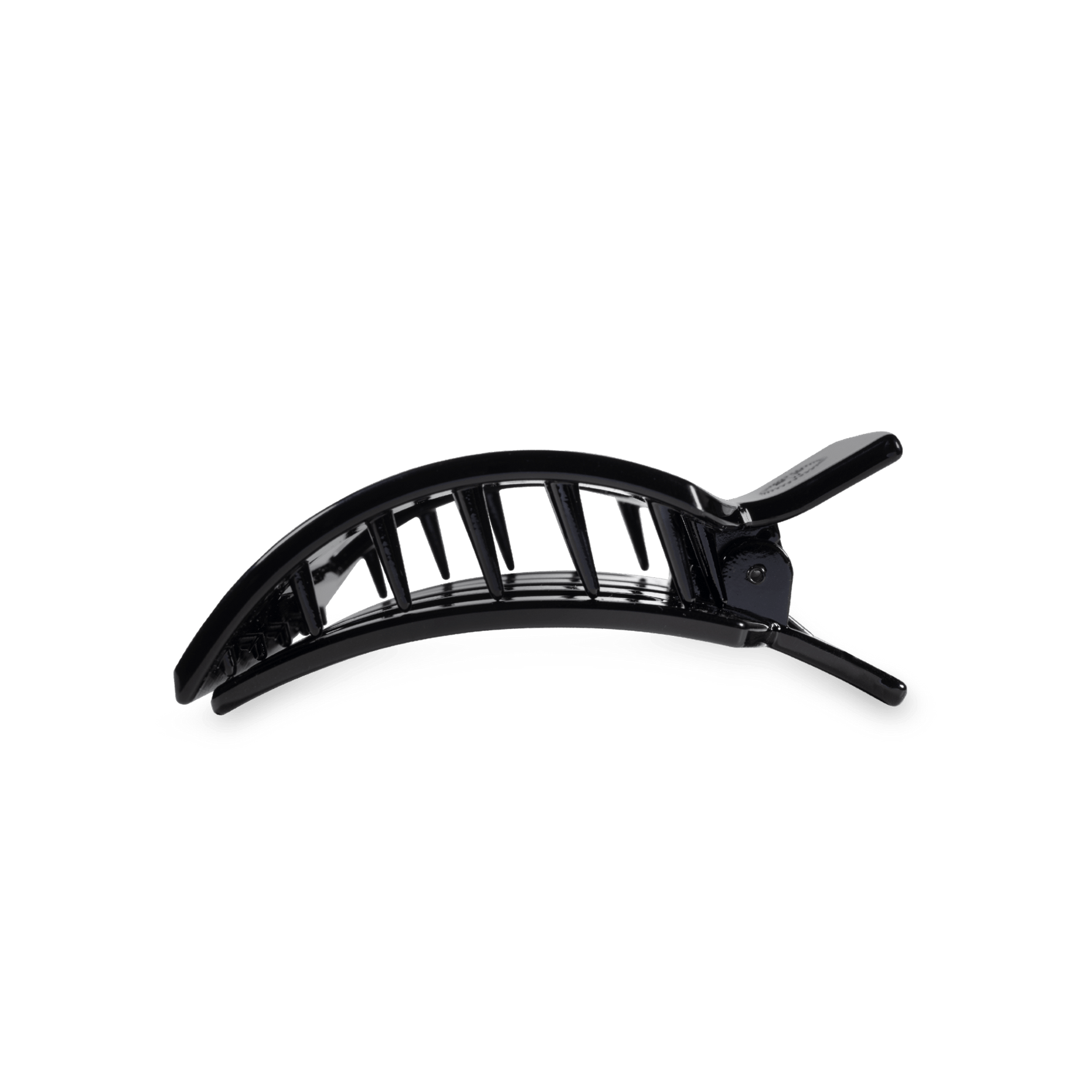 Jet black square flat hair clip with ridged grip and open hinge