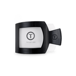 Jet black square flat hair clip, back view with circular emblem detail