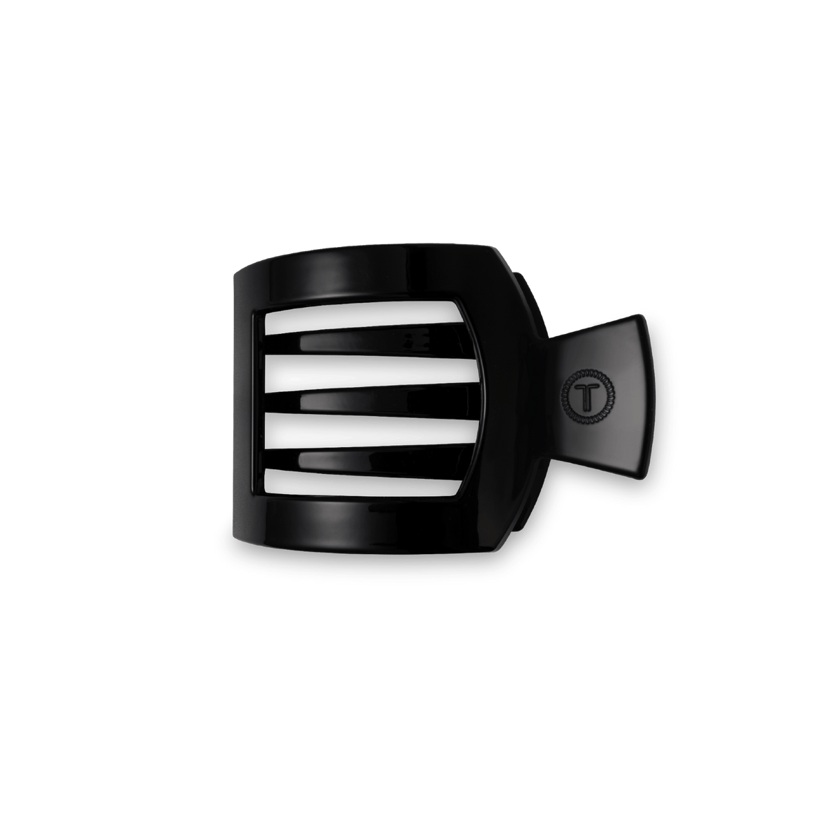 Jet black square flat hair clip with hinged clamp and subtle circular logo