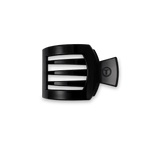 Jet black square flat hair clip with hinged clamp and subtle circular logo