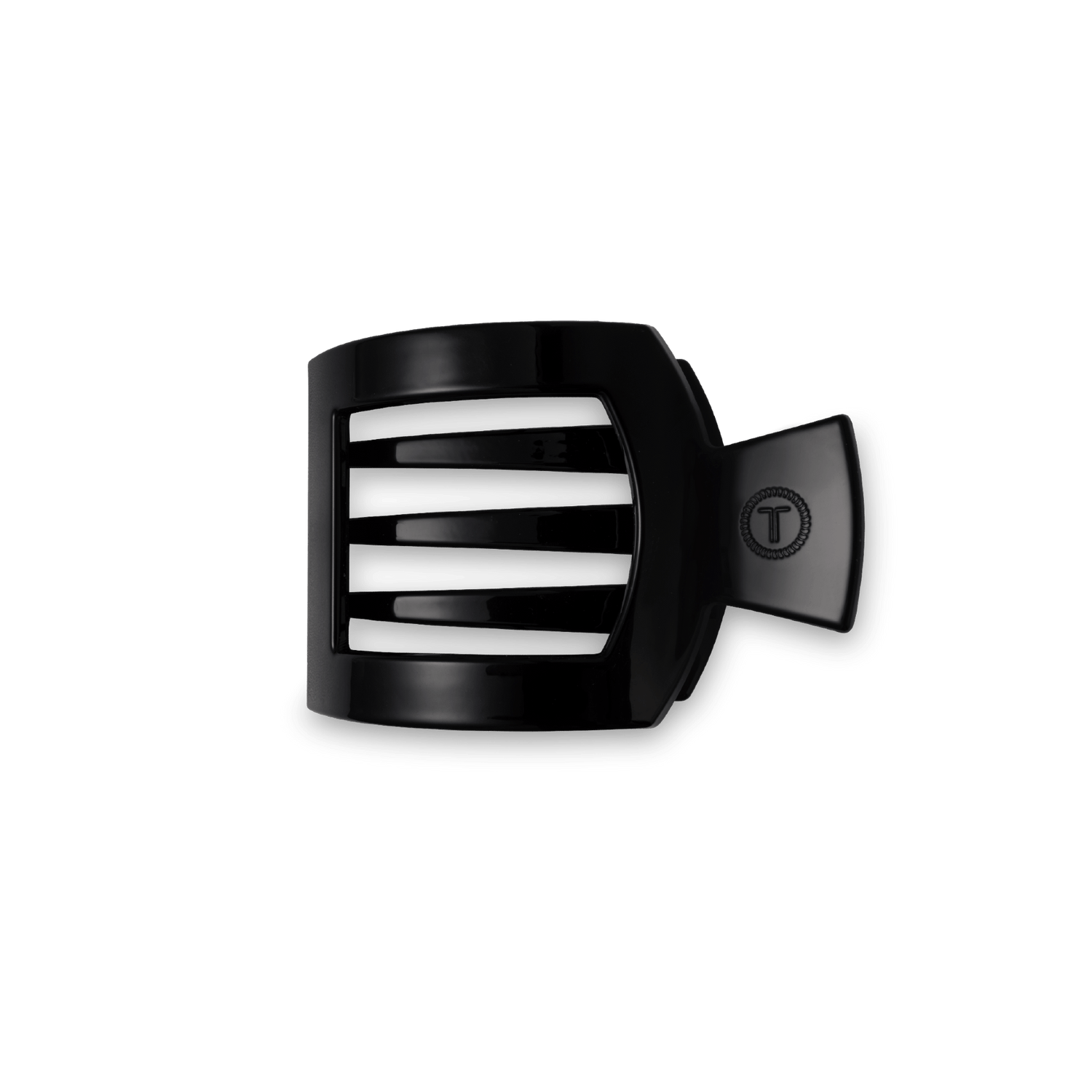 Jet black square flat hair clip with hinged clamp and subtle circular logo