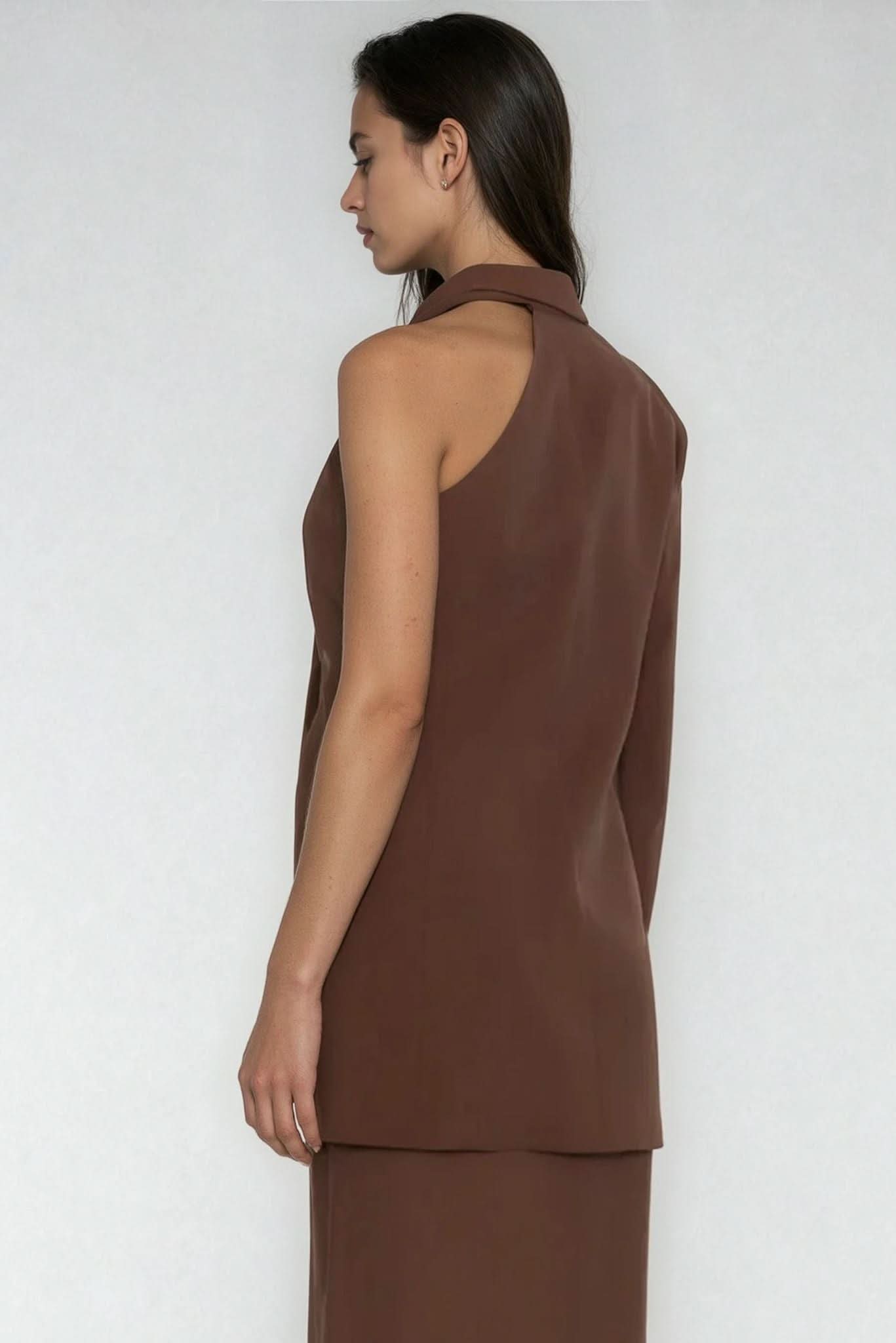 One-shoulder blazer in dark brown, sleeveless with open back view