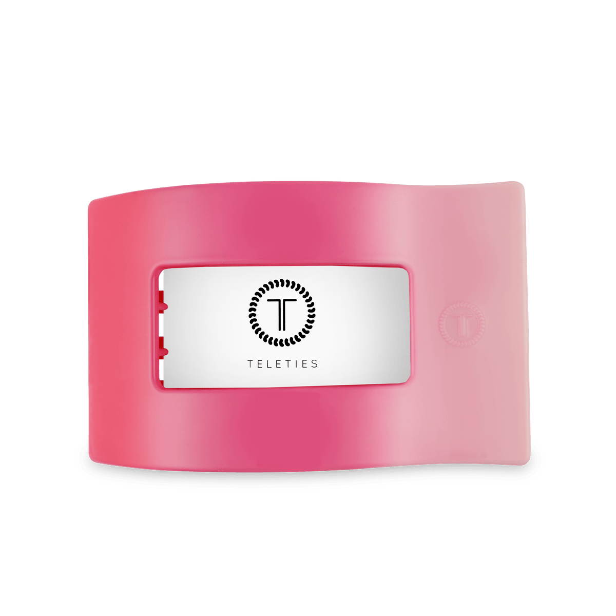 Large flat rectangle hair clip with white logo card insert and pink gradient body