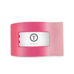 Large flat rectangle hair clip with white logo card insert and pink gradient body