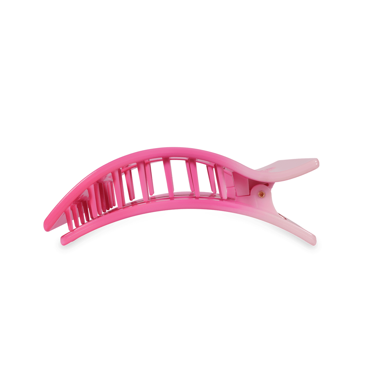 Pink scalloped hair claw clip with curved prongs and light base underside