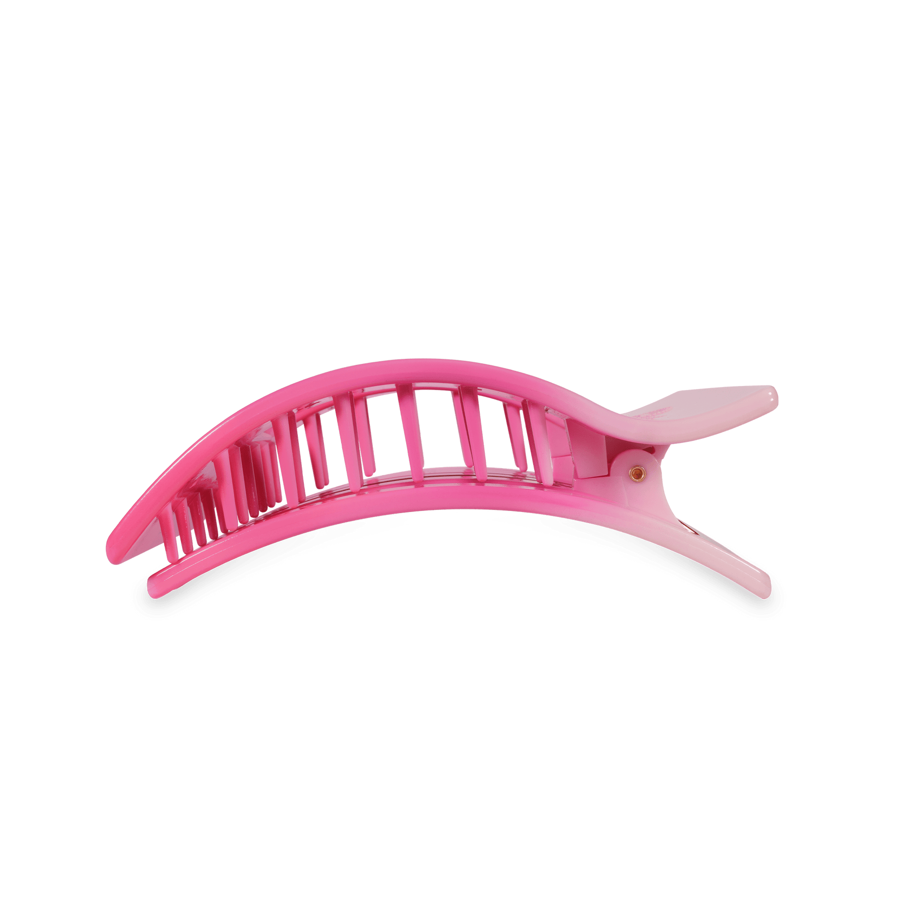 Pink scalloped hair claw clip with curved prongs and light base underside