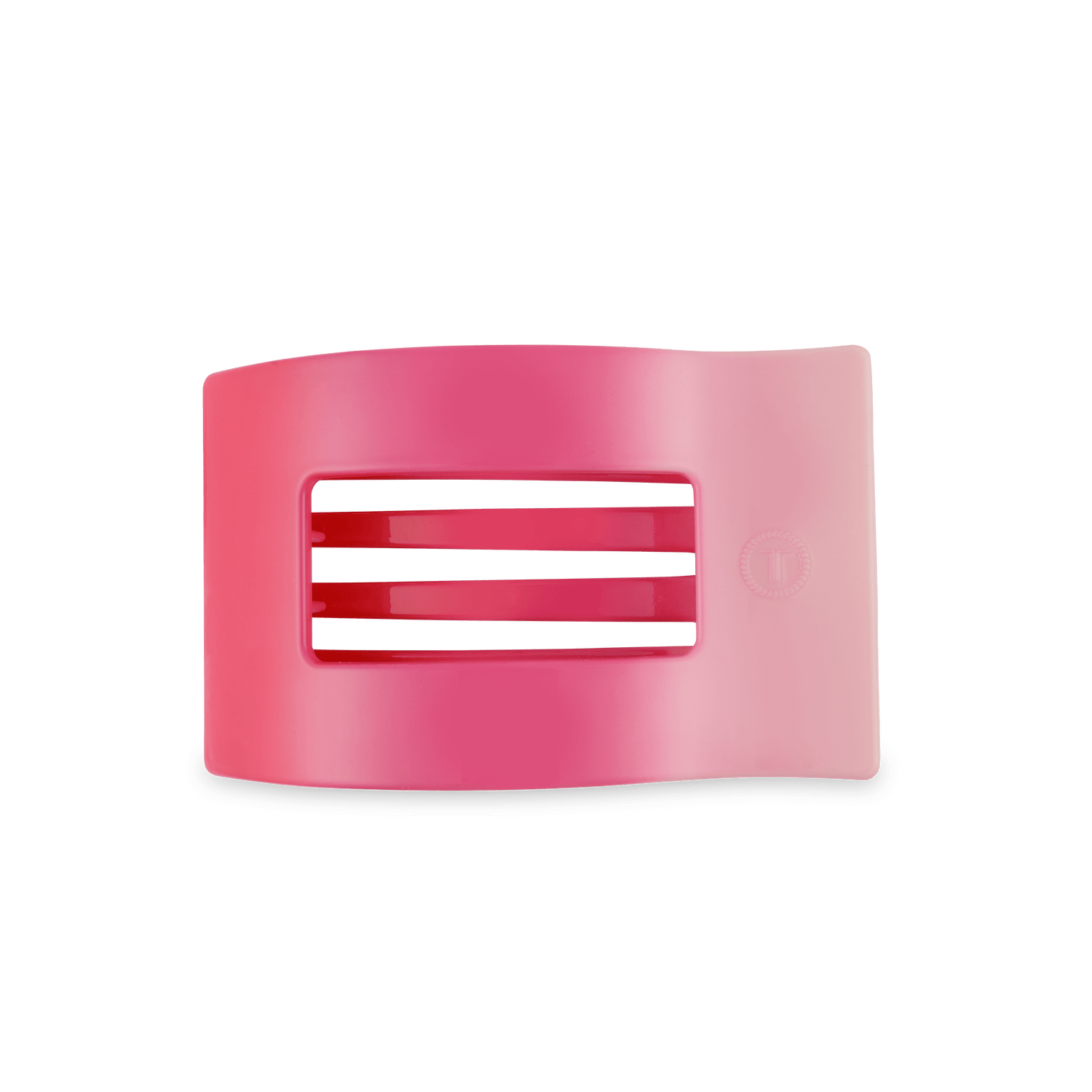 Medium flat rectangle hair clip, glossy pink, metal spring bar detail