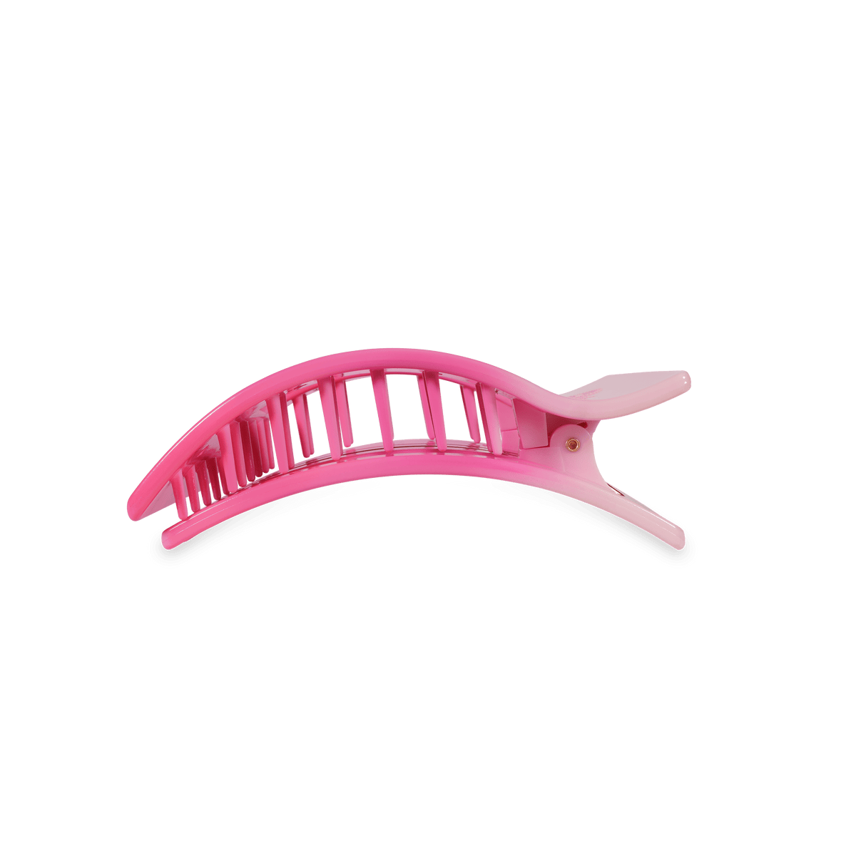 Pink plastic claw hair clip with ridged teeth for holding hair