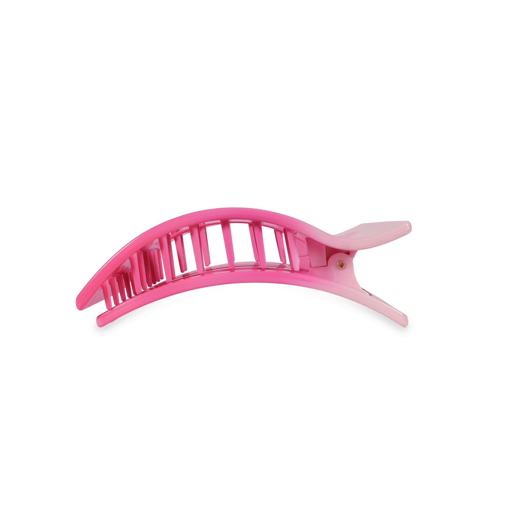 Pink plastic claw hair clip with ridged teeth for holding hair