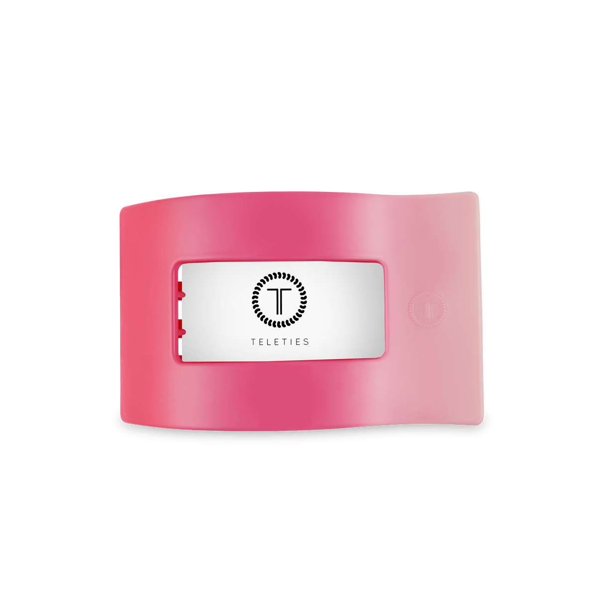 Medium flat rectangle hair clip back with logo on white panel, pink translucent