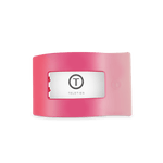 Medium flat rectangle hair clip back with logo on white panel, pink translucent