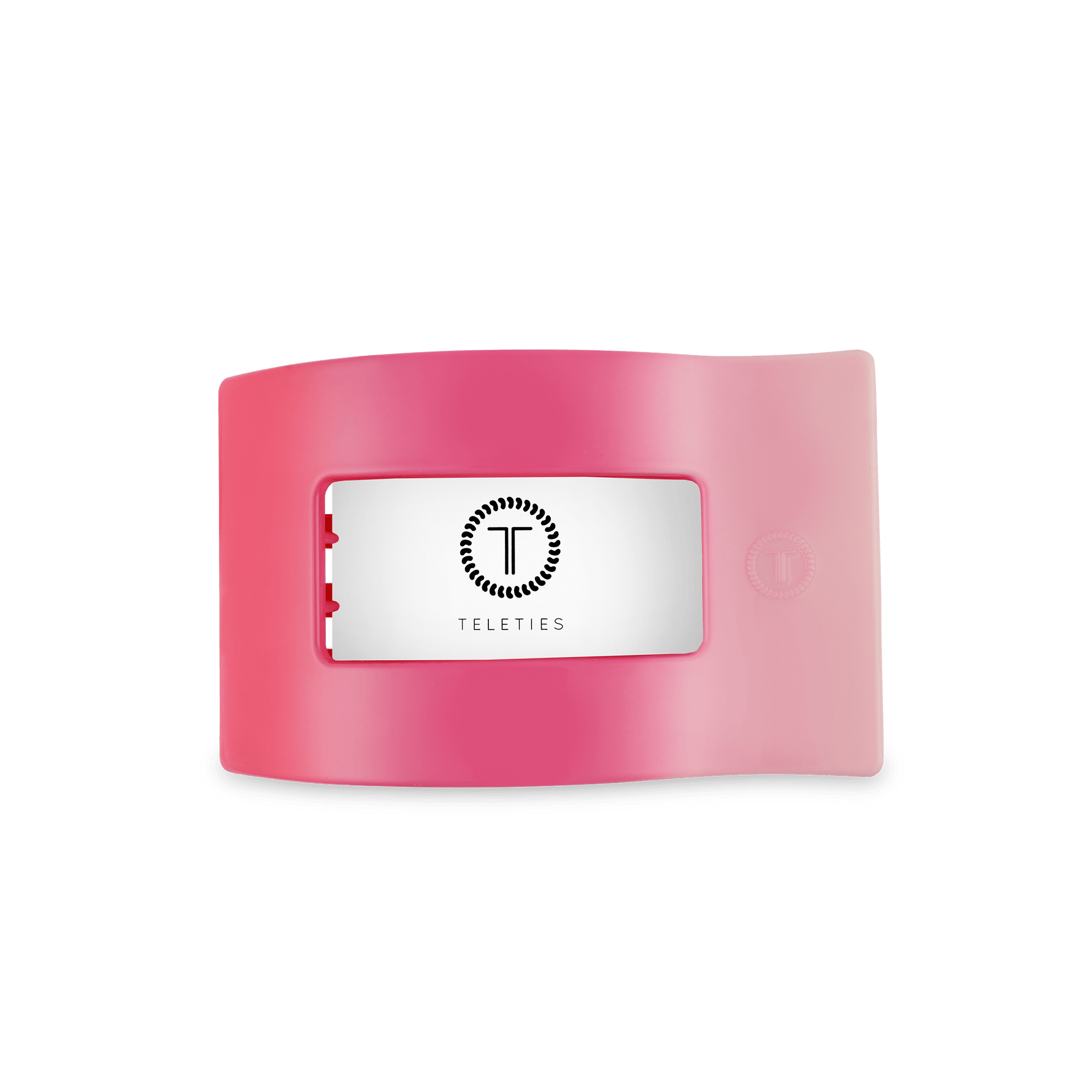 Medium flat rectangle hair clip back with logo on white panel, pink translucent
