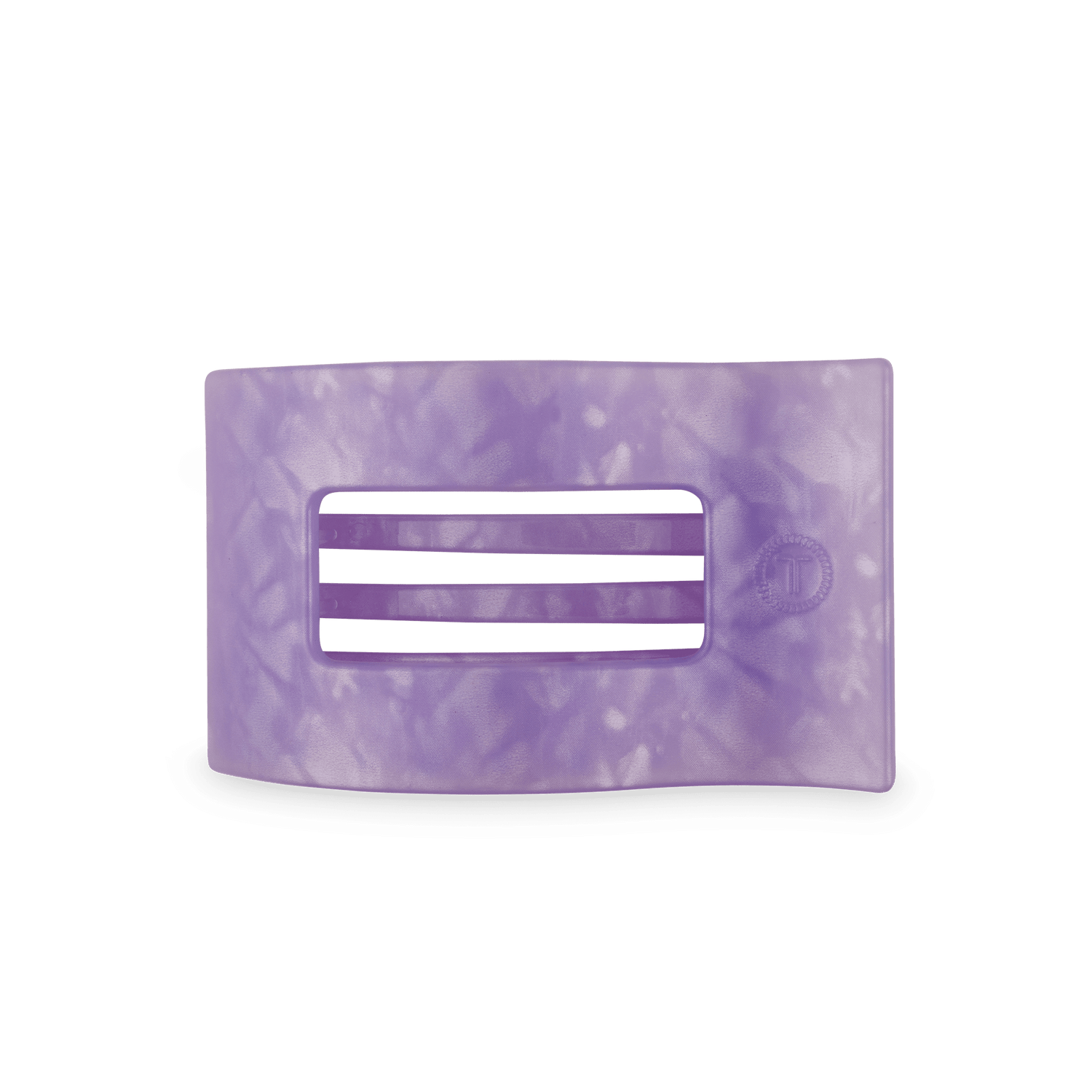 Lavender rectangular flat hair clip with marbled finish and bar-style opening