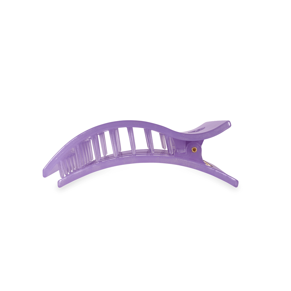 Lavender hinged claw hair clip with ridged grip and small gold stud